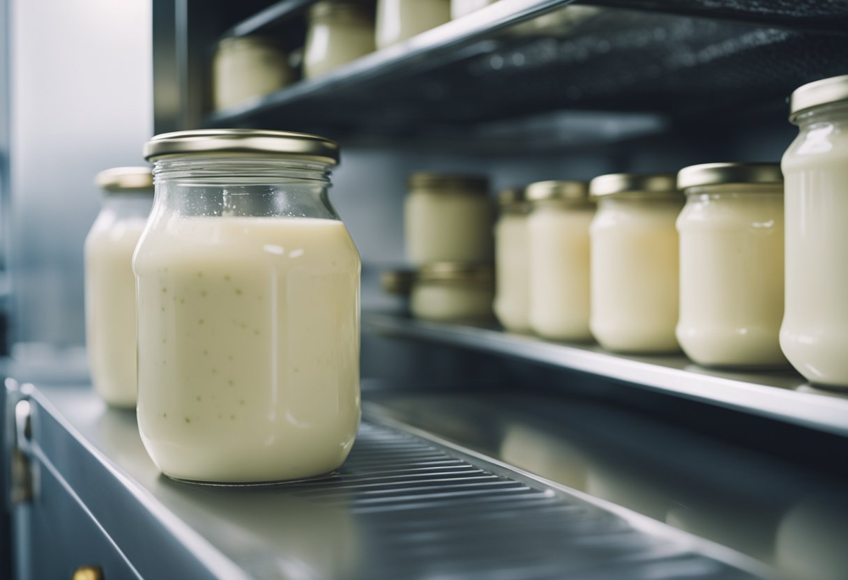 Um pote de molho bechamel sem lactose sendo armazenado em uma geladeira