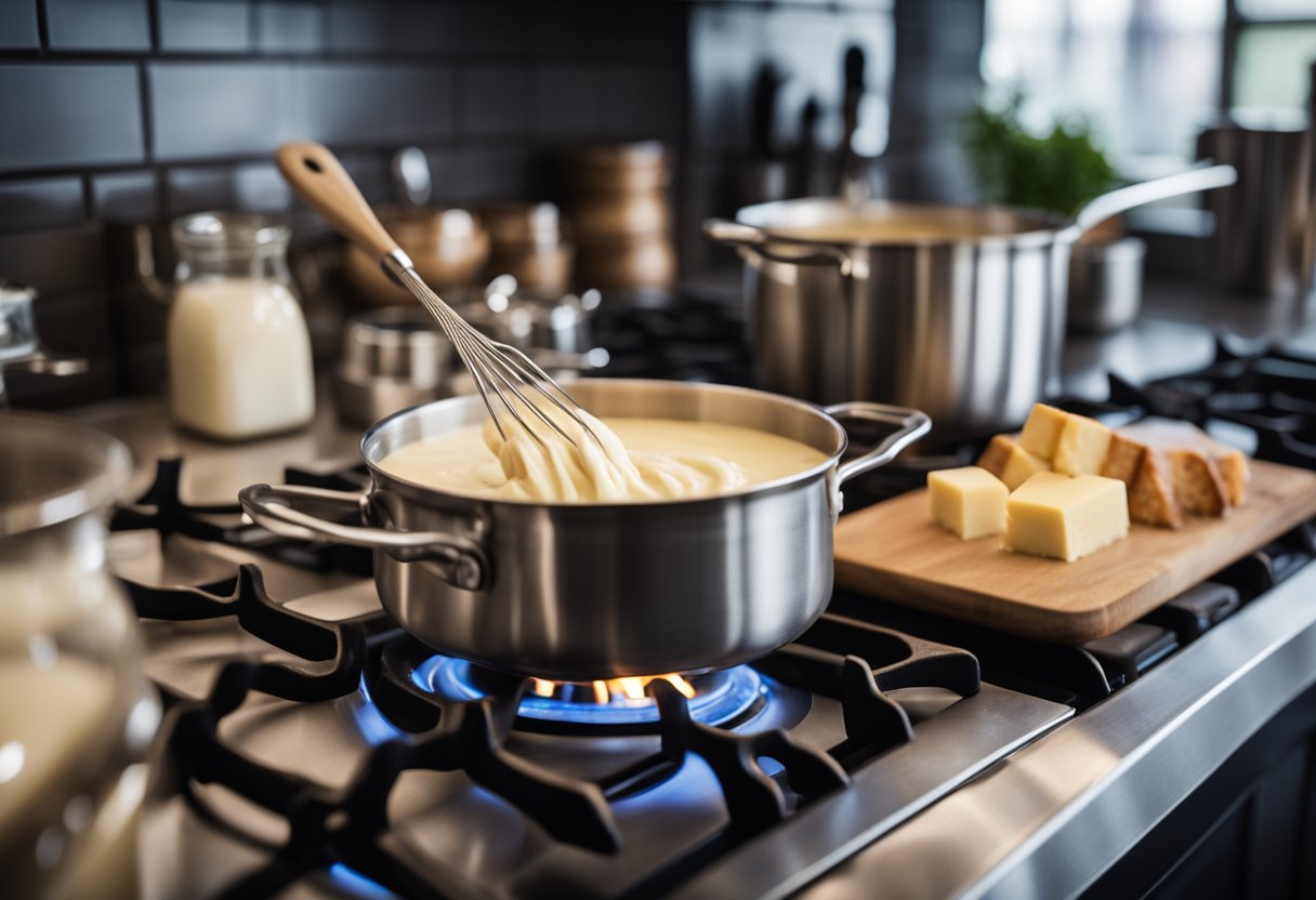 Uma panela no fogão, com leite vegetal, farinha sem glúten e manteiga sem lactose sendo misturados para criar um molho bechamel sem lactose.