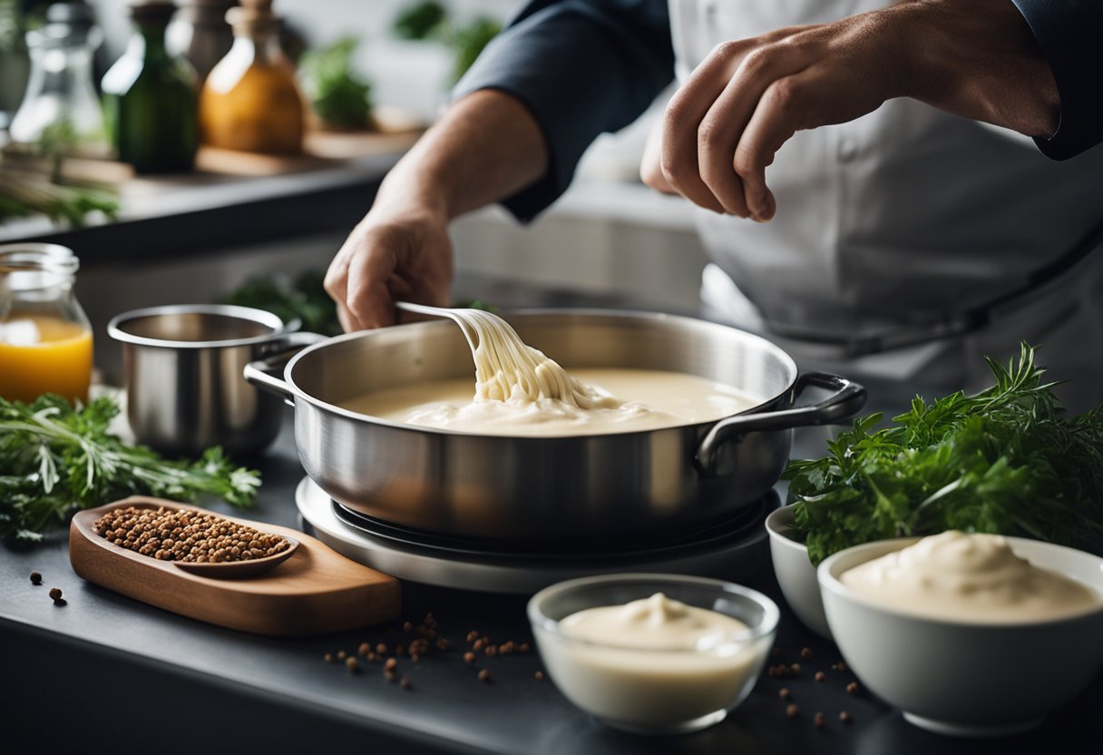 Um chef mexendo uma panela de molho béchamel sem laticínios, cercado por várias ervas e especiarias em uma bancada de cozinha