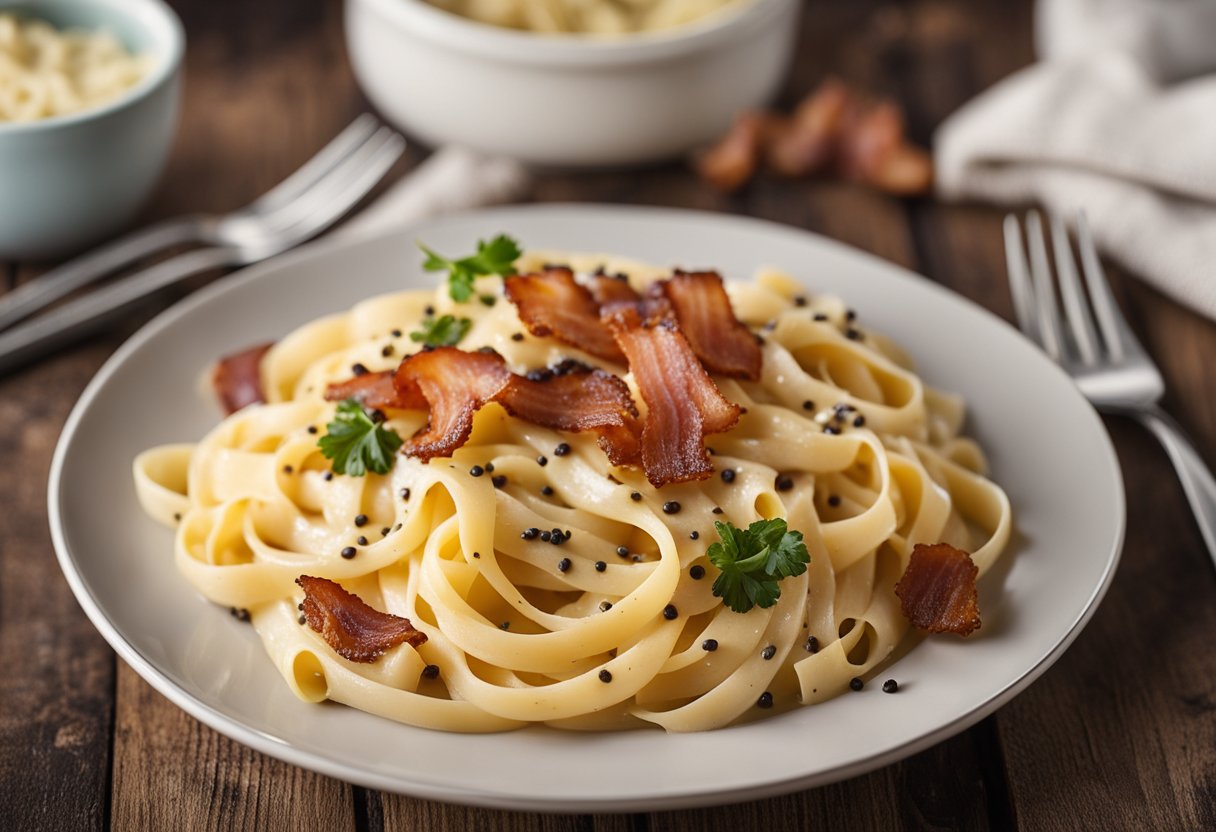 Um prato fumegante de fettuccine à carbonara sem lactose, coberto com bacon crocante e pimenta-do-reino moída na hora, repousa sobre uma mesa de madeira rústica.