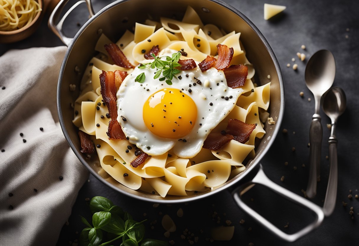 Uma panela fumegante de fettuccine com bacon crocante, ovos e pimenta-do-reino recém-moída, cercada por uma pitada de queijo sem lactose ralado.