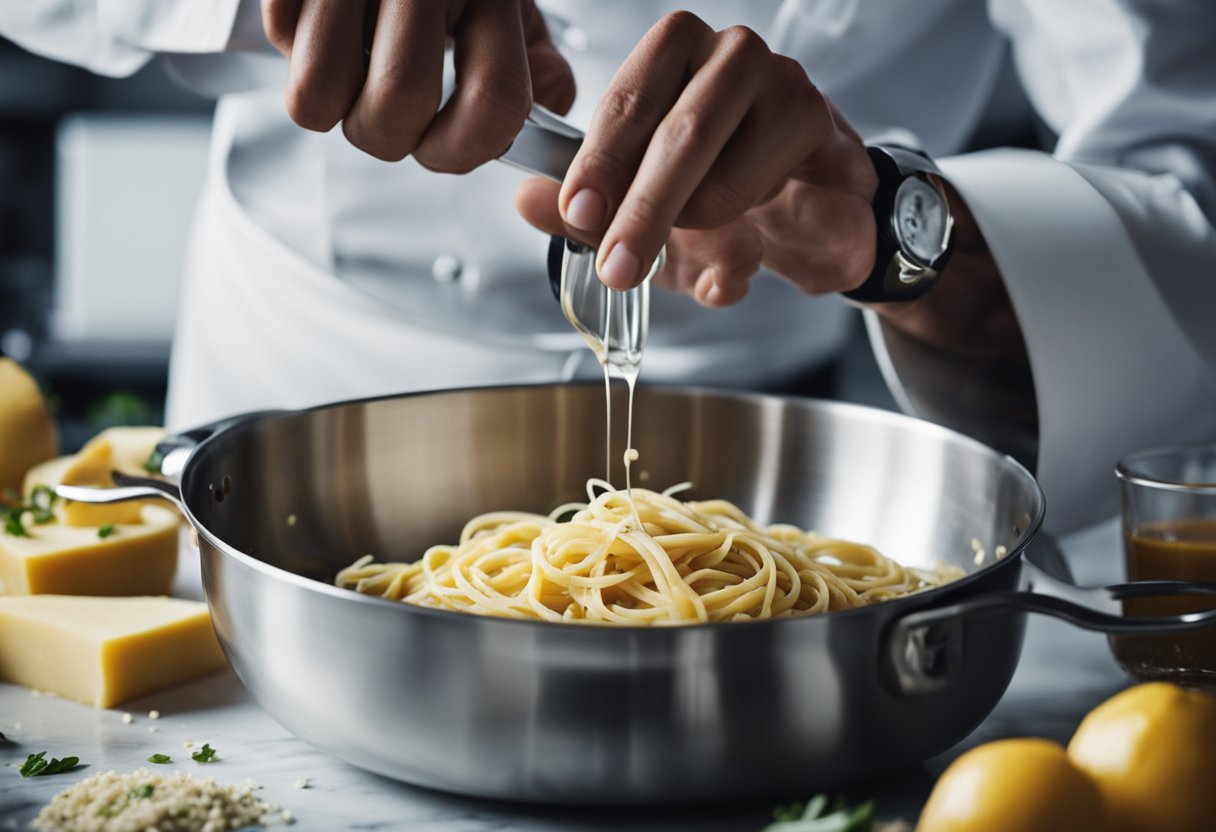 Um chef prepara molho carbonara de fettuccine sem lactose com ingredientes não lácteos em uma cozinha moderna