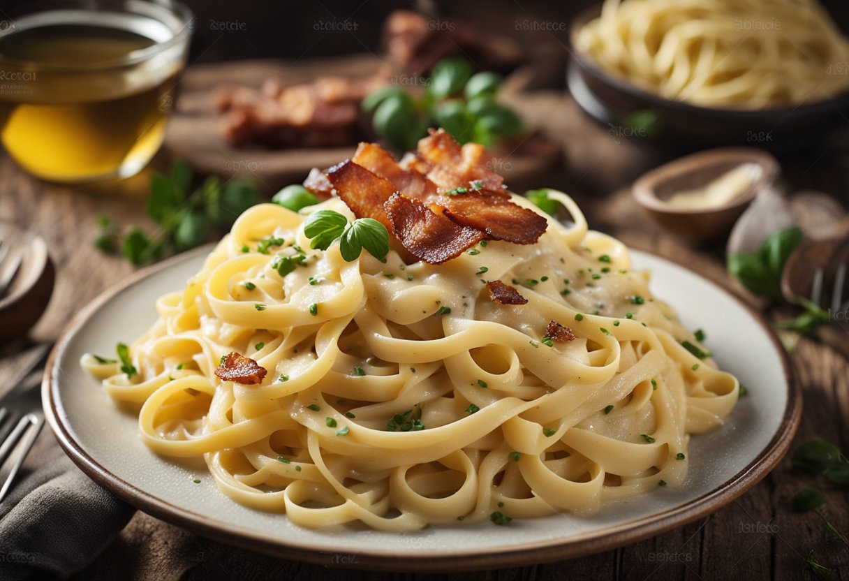 Um prato fumegante de fettuccine carbonara sem lactose, com bacon crocante e molho cremoso, está sobre uma mesa de madeira rústica.