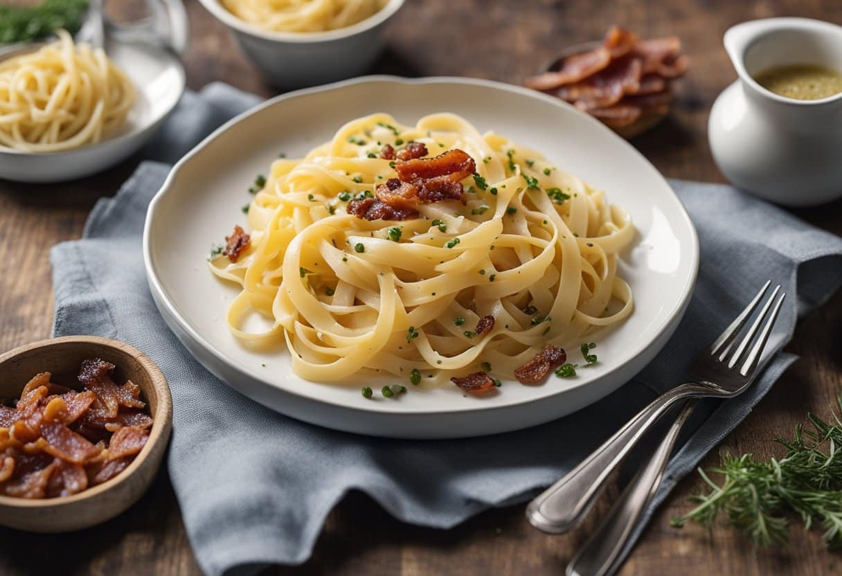 Um prato fumegante de fettuccine à carbonara sem lactose repousa sobre uma mesa de madeira rústica, decorado com bacon crocante e pimenta-do-reino recém-ralada.