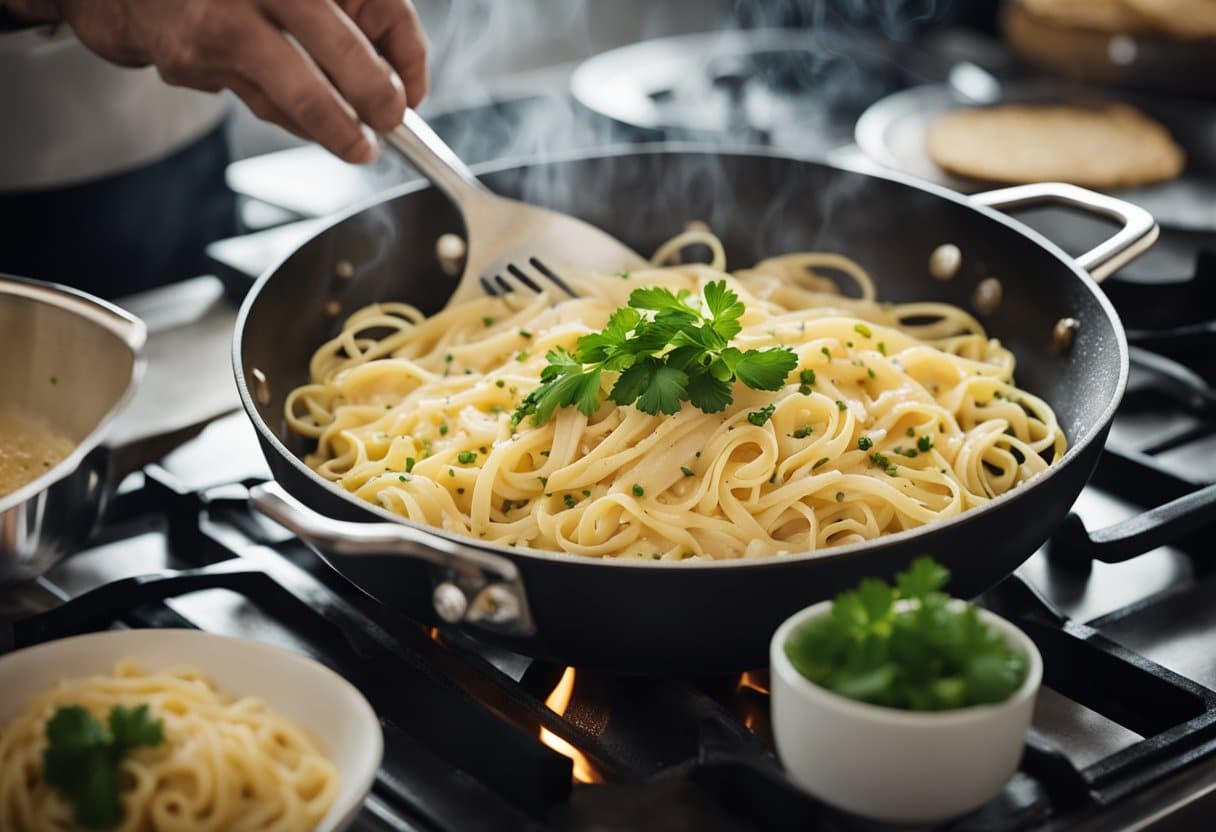 Um chef prepara fettuccine carbonara sem lactose, adicionando bacon crocante e salsa fresca à massa cremosa em uma grande frigideira sobre um fogão a gás.