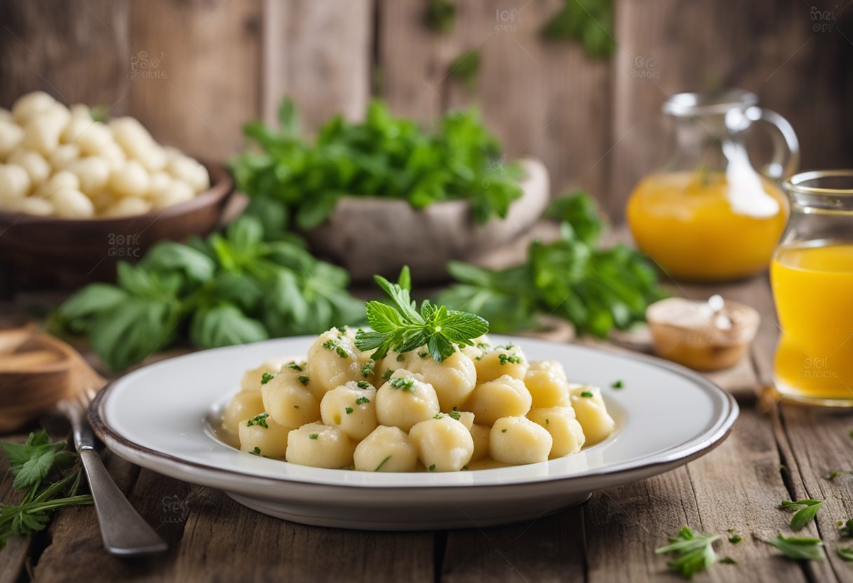 Um prato de nhoque sem lactose com molho gorgonzola, decorado com ervas frescas, repousa sobre uma mesa de madeira rústica.