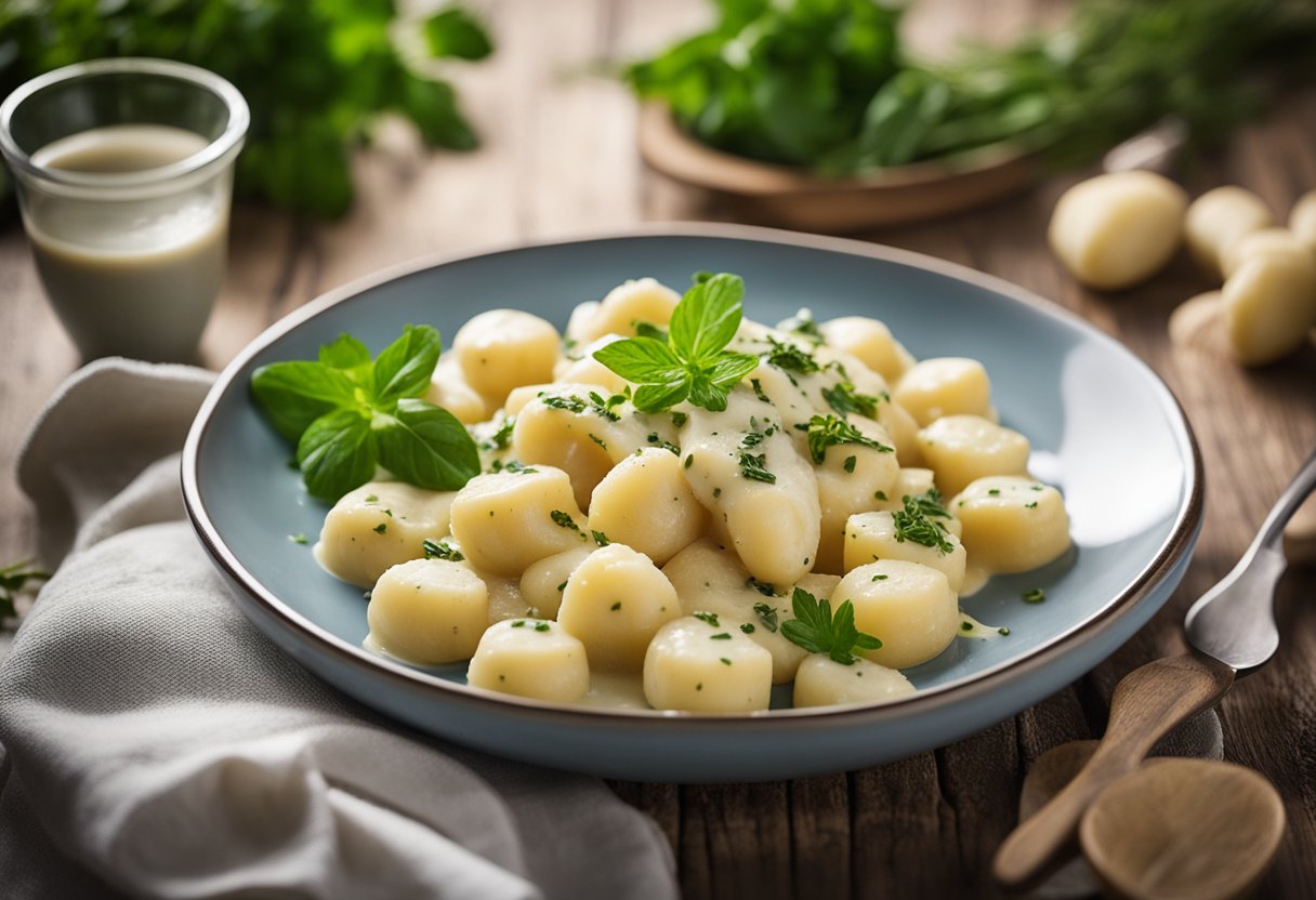 Um prato de nhoque sem laticínios com molho gorgonzola, coberto com ervas frescas, servido em uma mesa rústica de madeira.