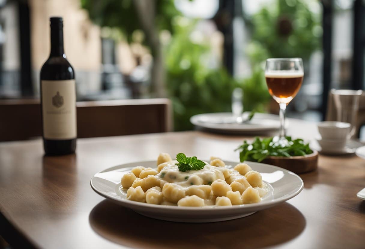 Um prato fumegante de nhoque sem laticínios em molho gorgonzola, cercado por ingredientes alternativos como leite de amêndoa e queijo vegano