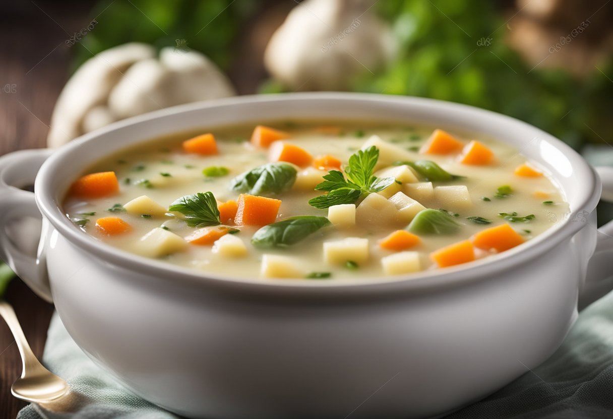Uma panela fumegante de sopa cremosa de legumes sem laticínios