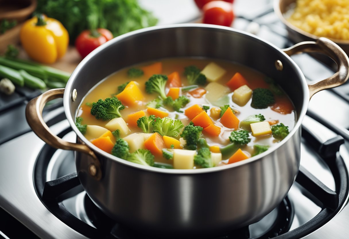 Uma panela borbulha no fogão, cheia de legumes coloridos e um caldo cremoso sem lactose. O vapor sobe e a cozinha se enche com o aroma reconfortante da sopa de legumes.