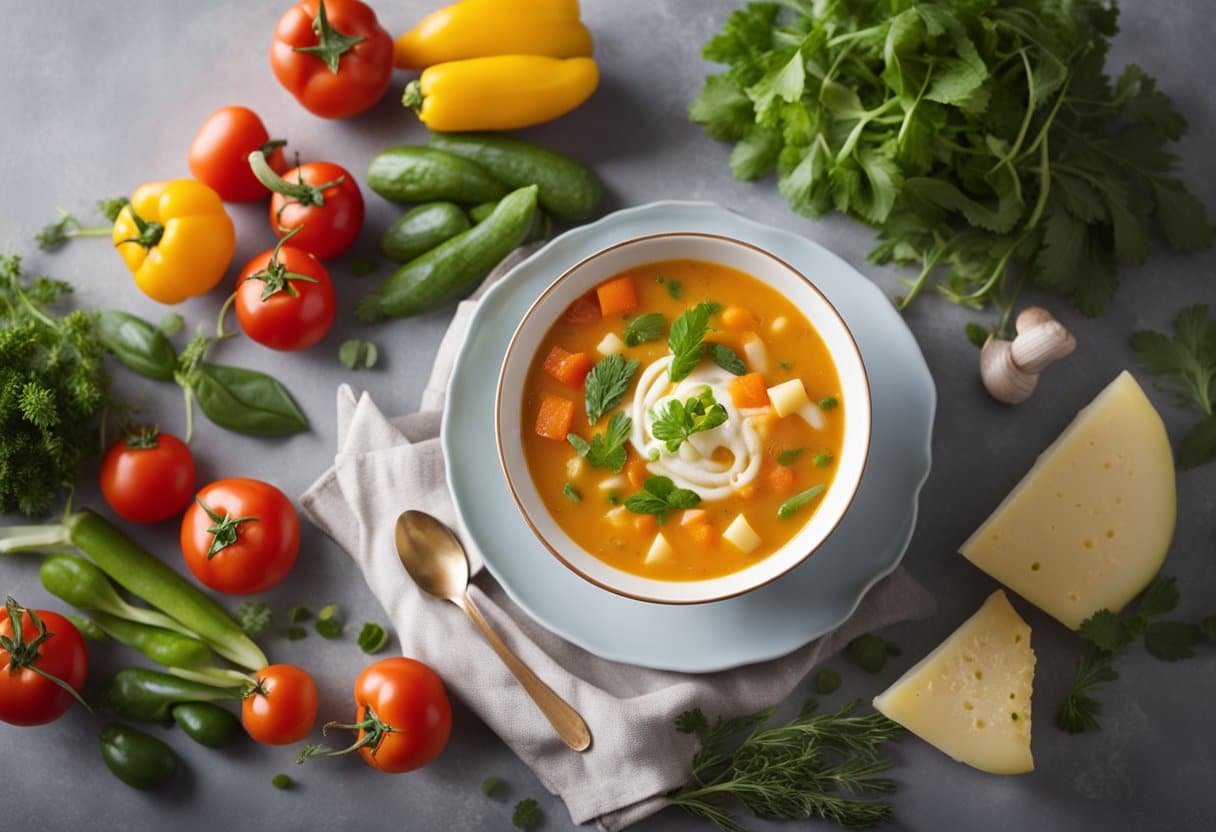 Uma tigela fumegante de sopa de legumes cremosa sem lactose, cercada por vegetais e ervas frescas e coloridas
