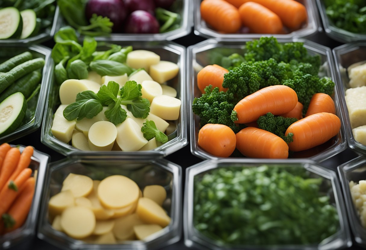 Uma variedade de vegetais frescos, incluindo cenouras, batatas e espinafre, está sendo cuidadosamente selecionada e preparada para uma sopa de legumes cremosa e sem lactose.