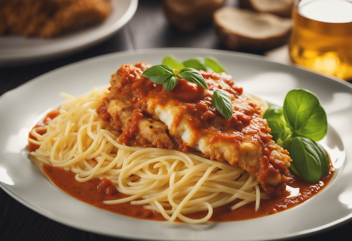 Um prato de frango à parmegiana sem lactose com queijo derretido e molho de tomate