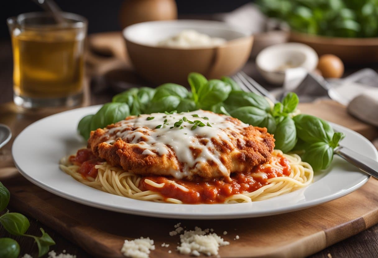 Um prato de frango à parmegiana borbulhante sendo preparado com queijo sem laticínios e molho de tomate em uma cozinha rústica.