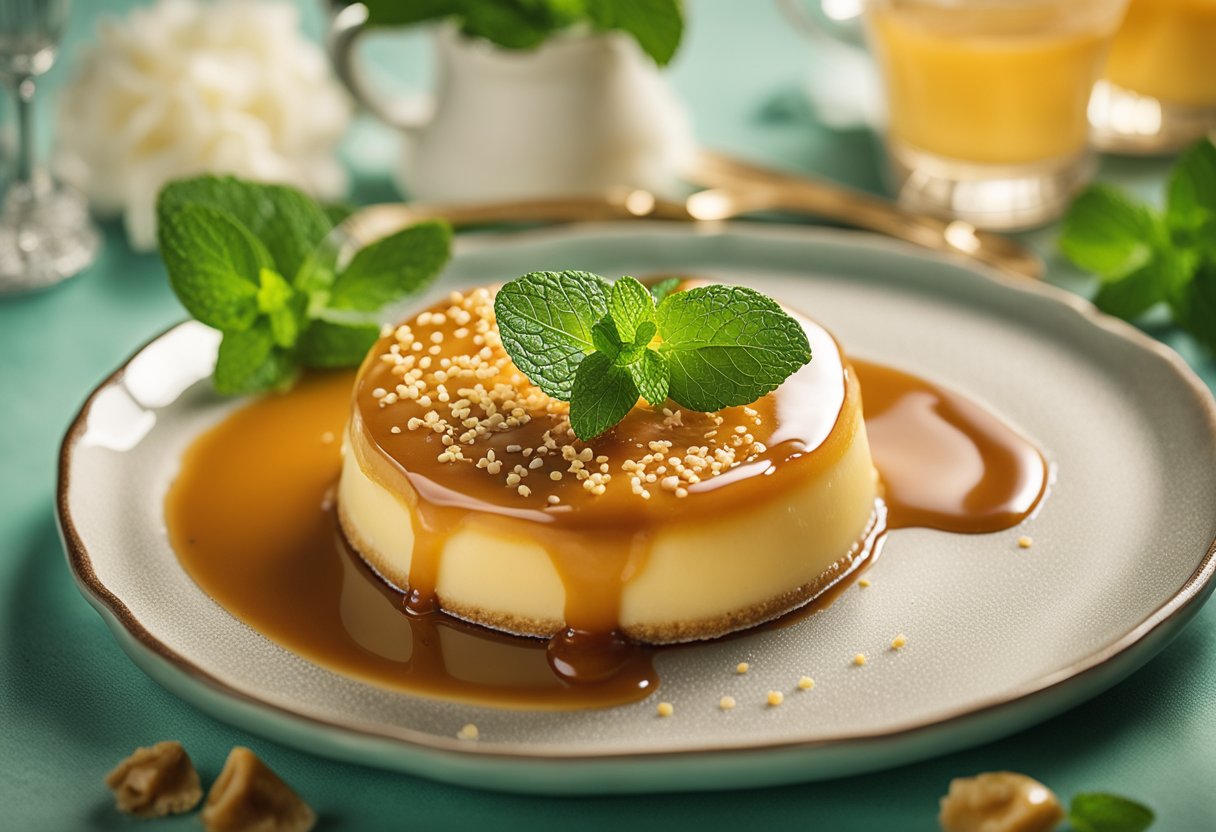 Um flan cremoso com molho de caramelo, rodeado por uma pitada de açúcar e uma folha de hortelã decorativa