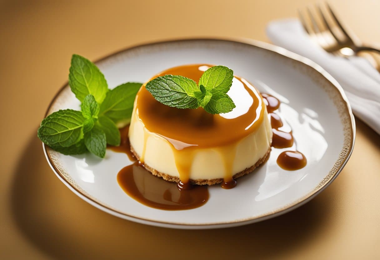 Um flan cremoso e dourado repousa sobre um prato de porcelana, cercado por um fio de molho de caramelo e uma guarnição de folhas de hortelã frescas.