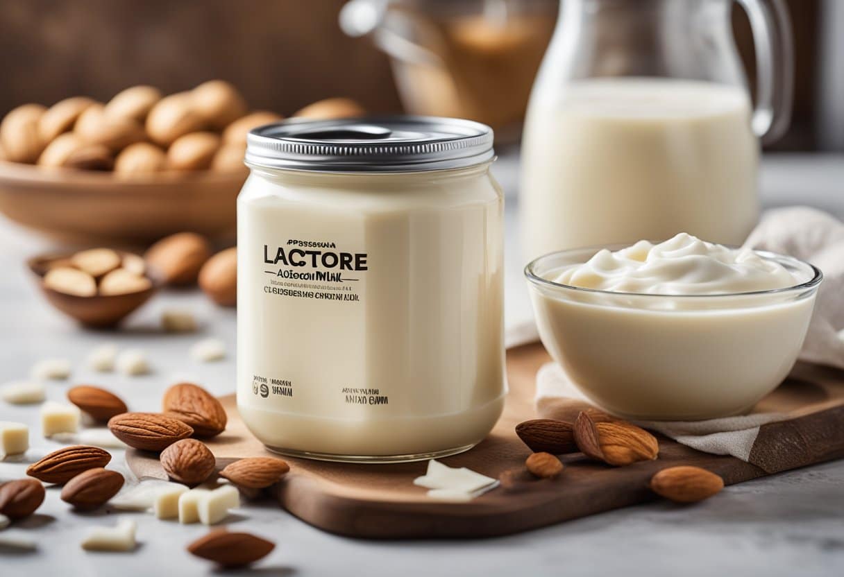 Uma lata de leite condensado sem lactose cercada por ingredientes alternativos como leite de amêndoas, amido de milho e favas de baunilha em uma bancada de cozinha