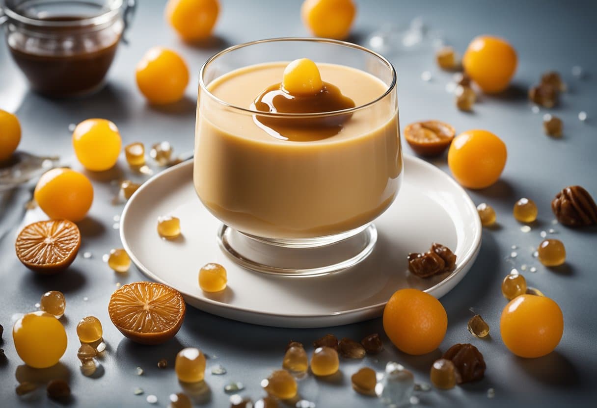 Um pudim cremoso, de cor caramelo, repousa sobre um delicado prato de vidro, cercado por um fio de molho de caramelo e alguns pedaços de frutas frescas espalhados.