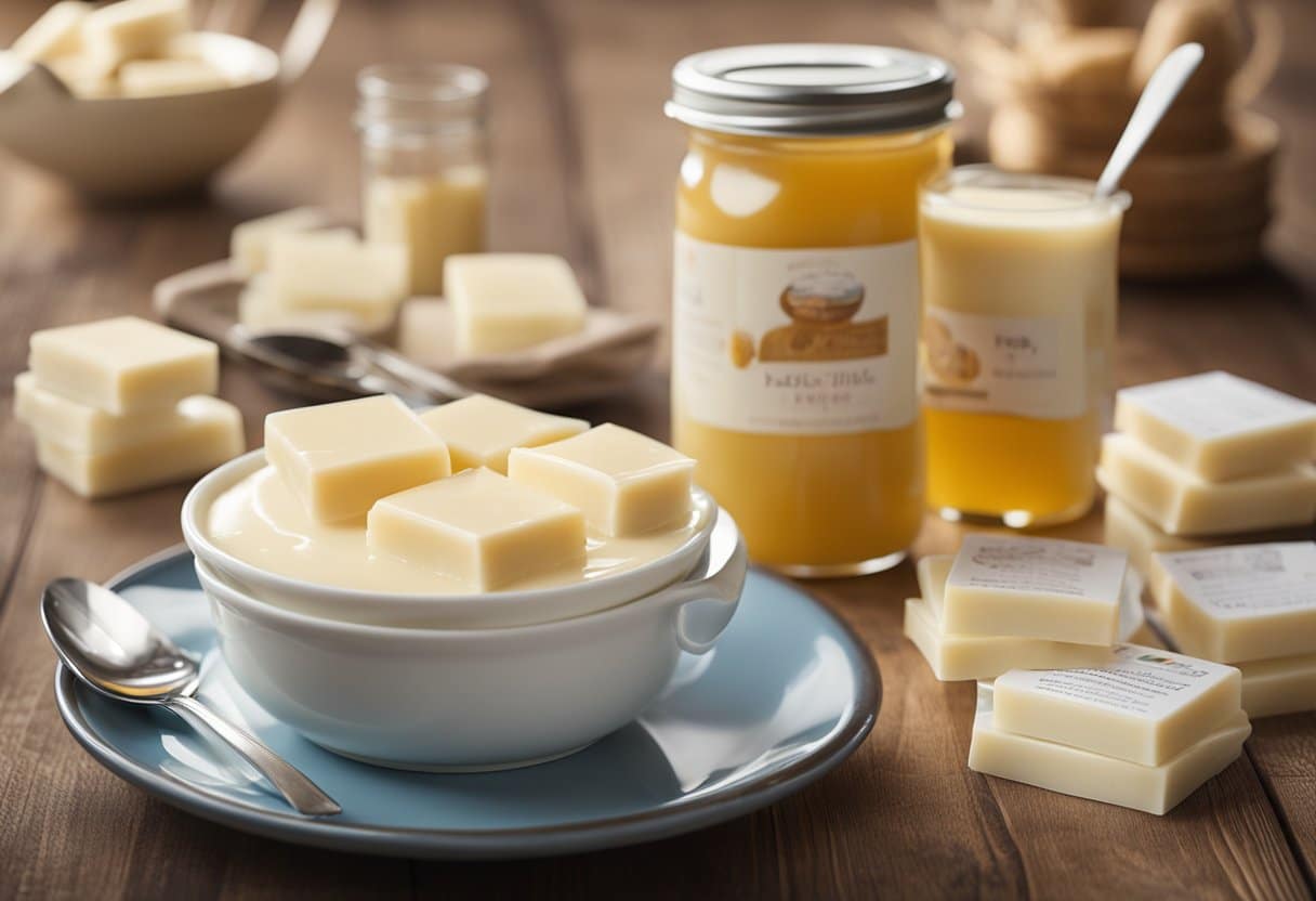 Uma mesa com um prato de pudim de leite condensado sem lactose e um monte de cartões de perguntas frequentes