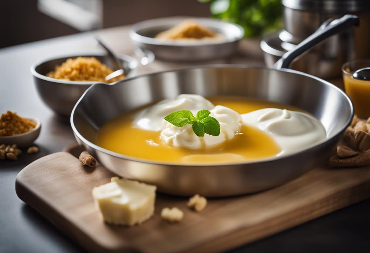 Uma bancada de cozinha com ingredientes para pudim de leite condensado sem lactose
