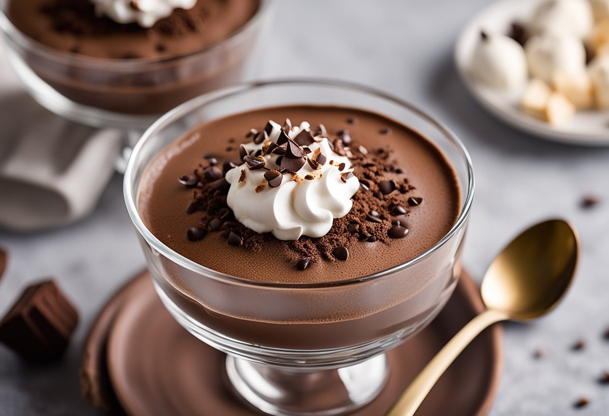 Uma mousse de chocolate decadente sem laticínios em um prato de sobremesa de vidro, coberta com uma colher de creme de leite batido e uma pitada de cacau em pó.