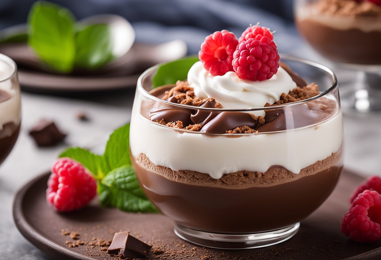 Uma tigela de vidro cheia de mousse de chocolate sem leite, coberta com uma colher de creme de coco batido e decorada com framboesas frescas.
