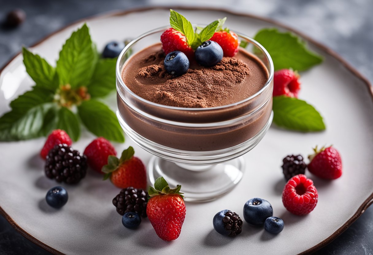 Uma tigela de vidro cheia de mousse de chocolate sem laticínios, coberta com frutas vermelhas frescas e uma pitada de cacau em pó, colocada em uma travessa de mármore branco.
