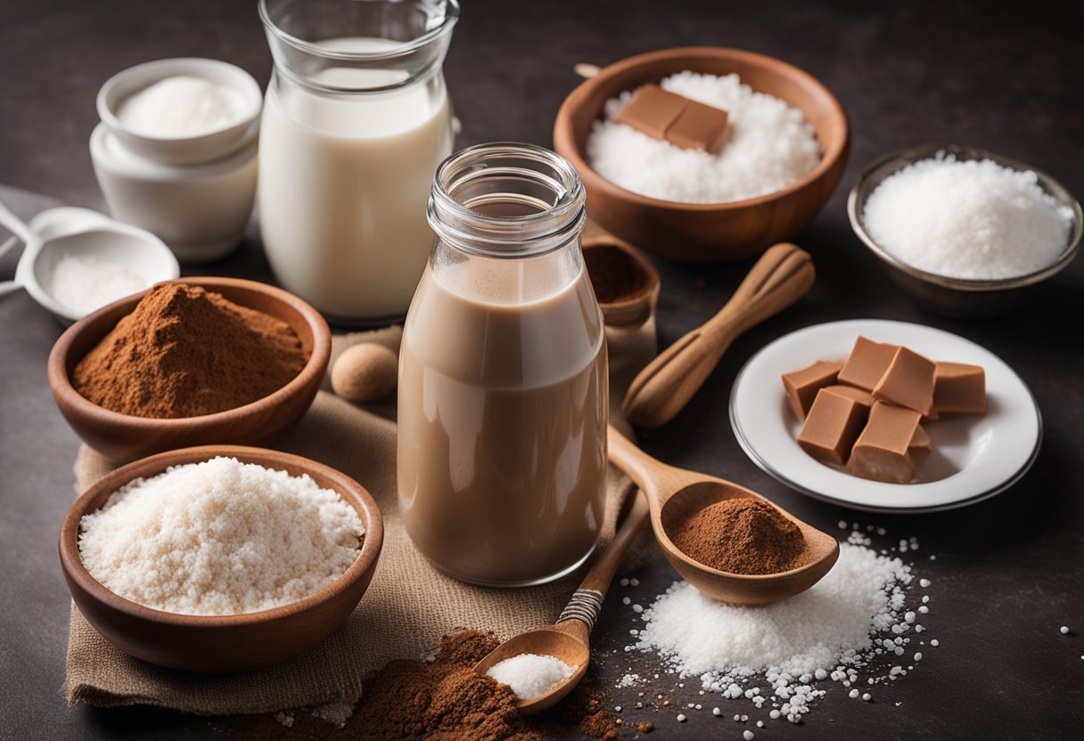 Uma mesa com ingredientes como cacau em pó, leite de coco e agar-agar. Uma tigela de mistura e um batedor estão próximos.