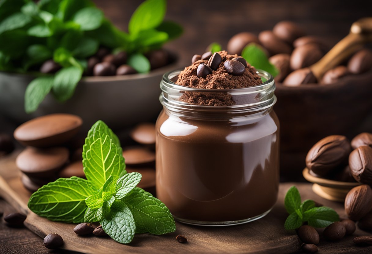 Um pote de vidro cheio de mousse de chocolate sem leite está em uma prateleira de madeira, cercado por grãos de cacau frescos e um raminho de hortelã.