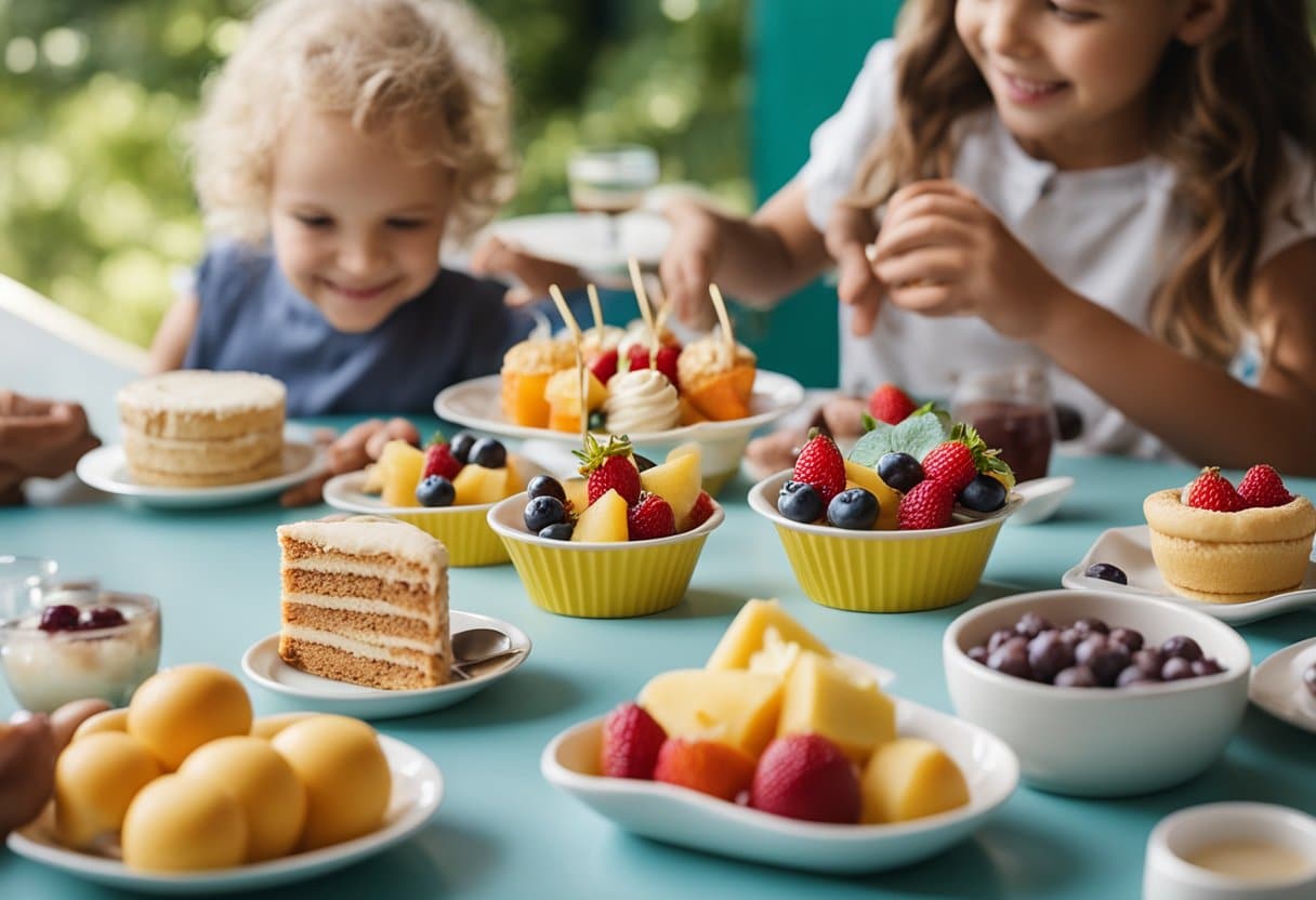 Uma mesa decorada com sobremesas coloridas e sem laticínios, e crianças felizes aproveitando uma rápida conversa após a refeição.
