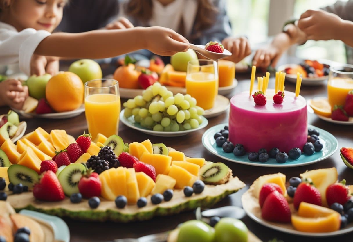Uma variedade colorida de frutas frescas e guloseimas sem laticínios dispostas em uma mesa vibrante, com crianças ansiosas alcançando a deliciosa sobremesa.
