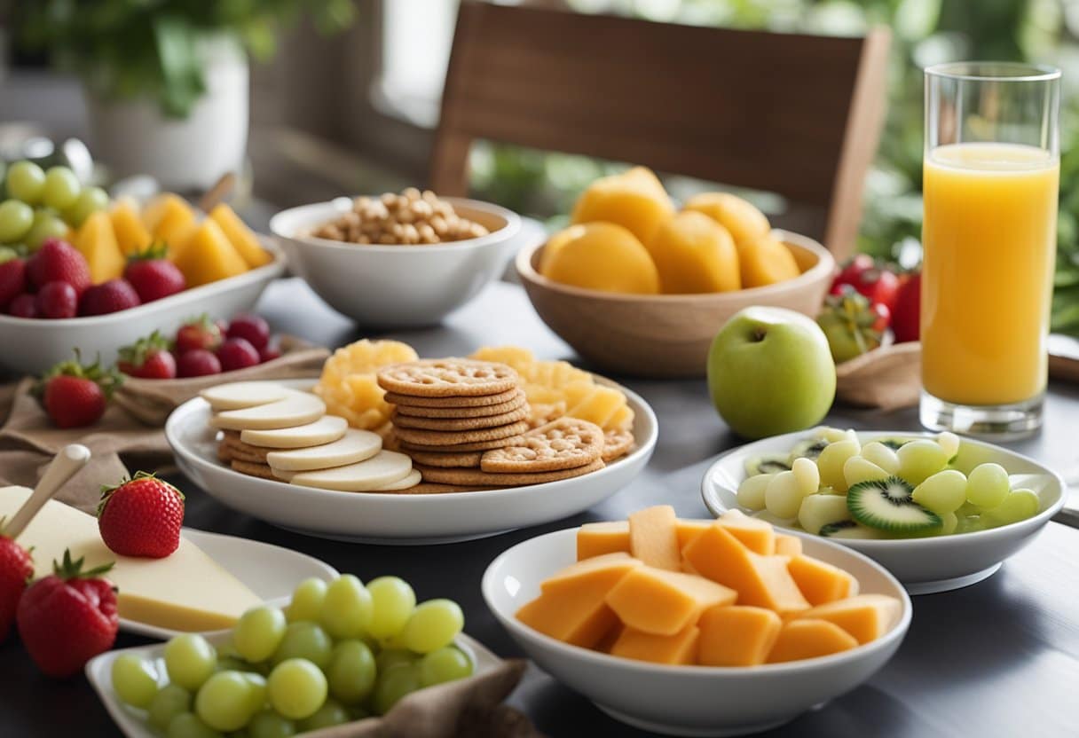 Uma variedade colorida de lanches sem laticínios e frutas em uma mesa, com utensílios e guardanapos infantis, preparados para uma sobremesa rápida e fácil após o jantar.
