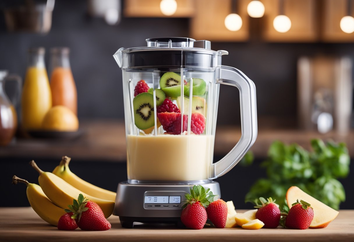 Uma variedade colorida de frutas frescas e leite sem lactose se mistura em um liquidificador, enquanto uma mão despeja a mistura cremosa em uma máquina de sorvete.