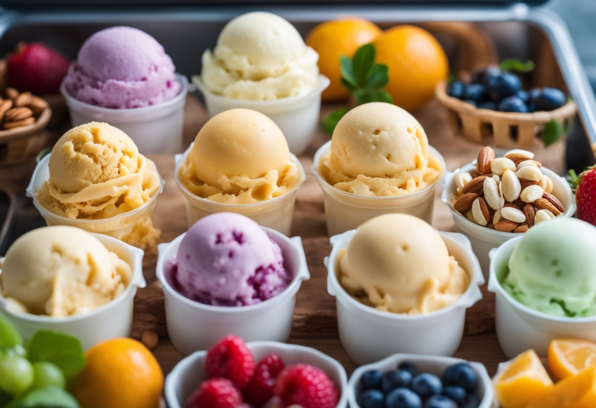 Uma variedade colorida de sabores de sorvete sem lactose armazenados em um freezer, cercados por frutas frescas e nozes.