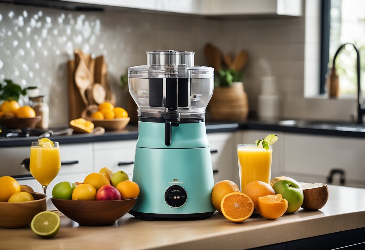 Uma colorida variedade de frutas frescas, leite de coco e uma sorveteira sobre uma bancada de cozinha, cercada por uma atmosfera alegre e convidativa.