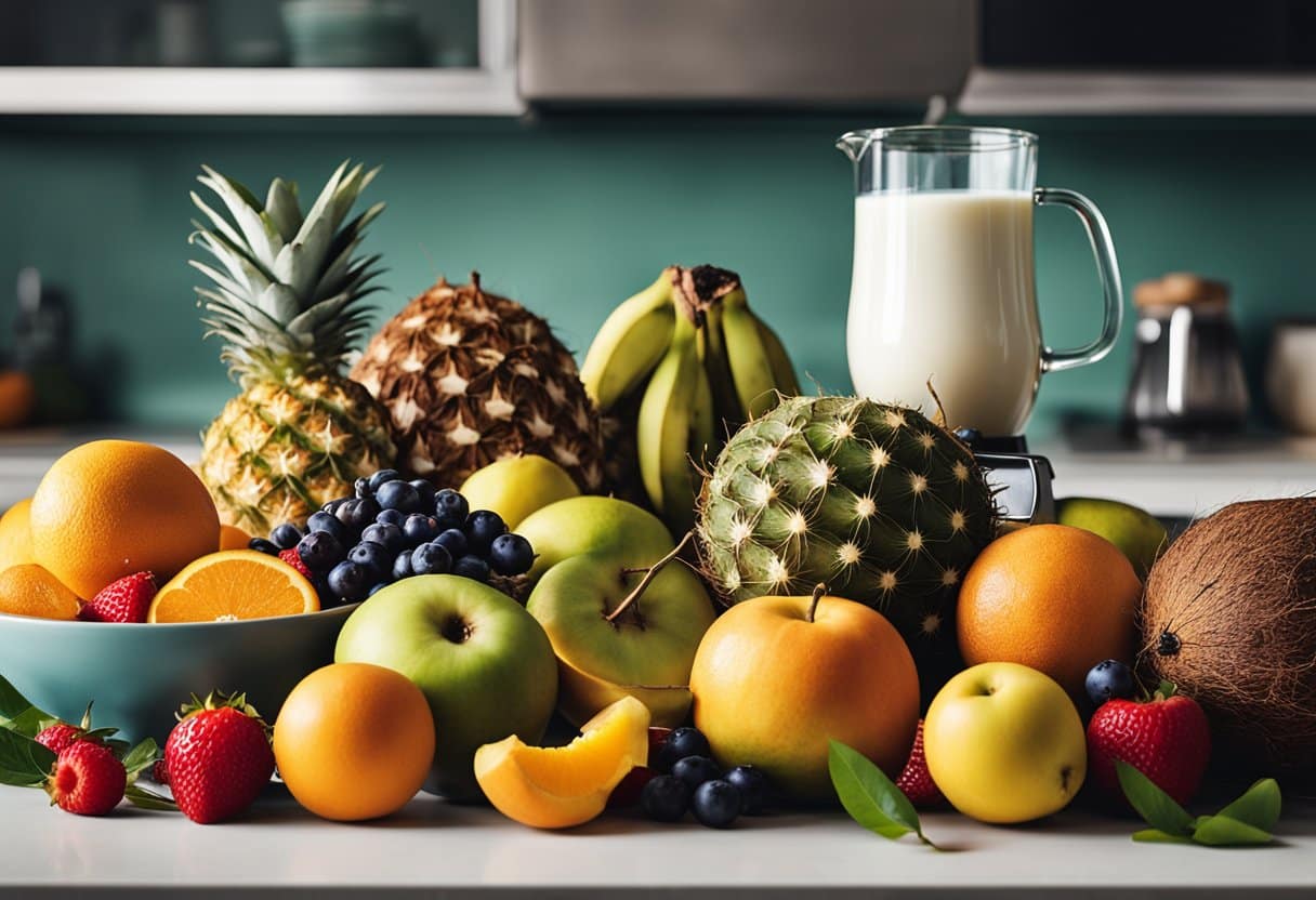 Uma variedade colorida de frutas frescas, leite de coco e um liquidificador em uma bancada de cozinha