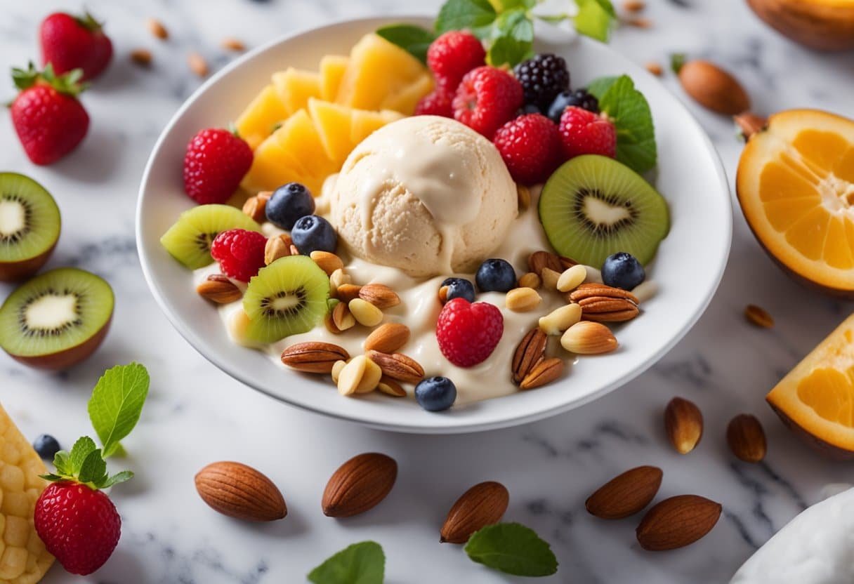 Uma variedade colorida de frutas frescas e nozes sendo misturadas em uma base cremosa de sorvete sem laticínios em uma cozinha moderna