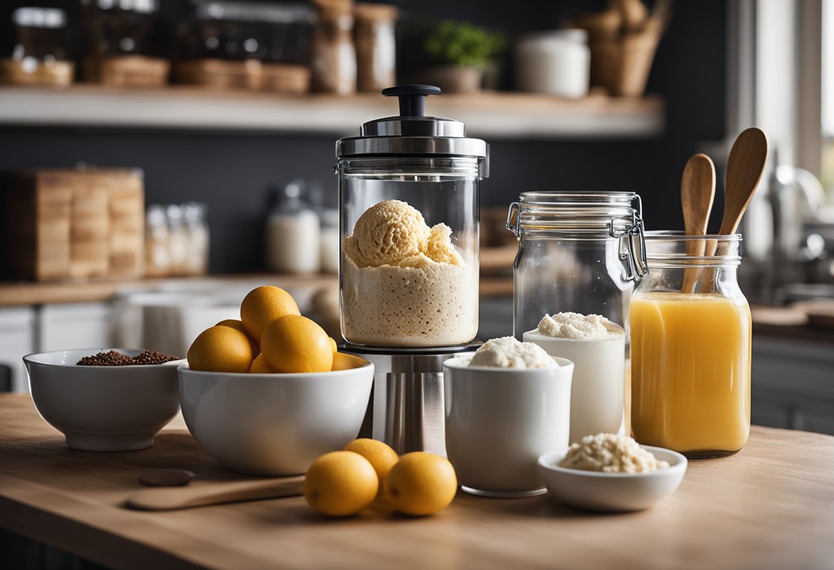 Uma bancada de cozinha com ingredientes e utensílios para fazer sorvete caseiro sem laticínios