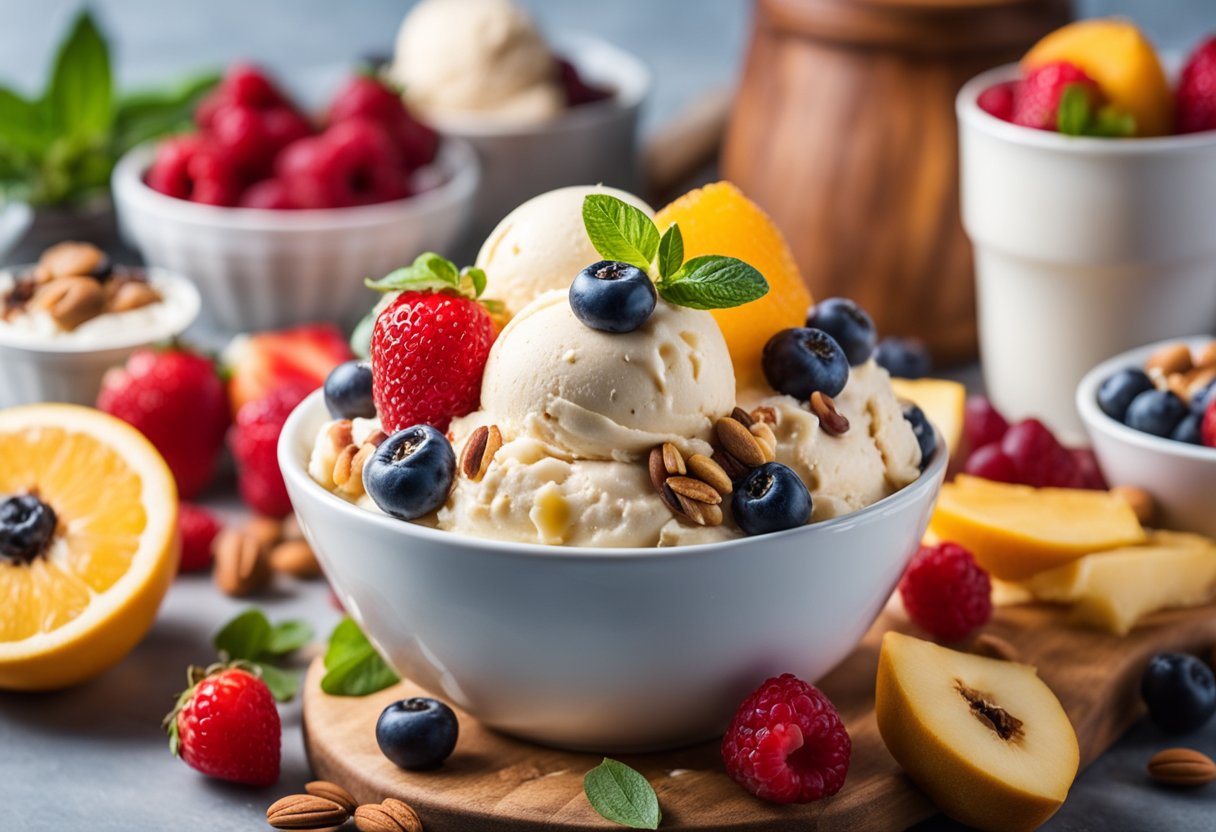 Uma variedade colorida de sorvete caseiro sem laticínios, rodeado por frutas frescas e nozes, com coberturas criativas e pratos de servir decorativos