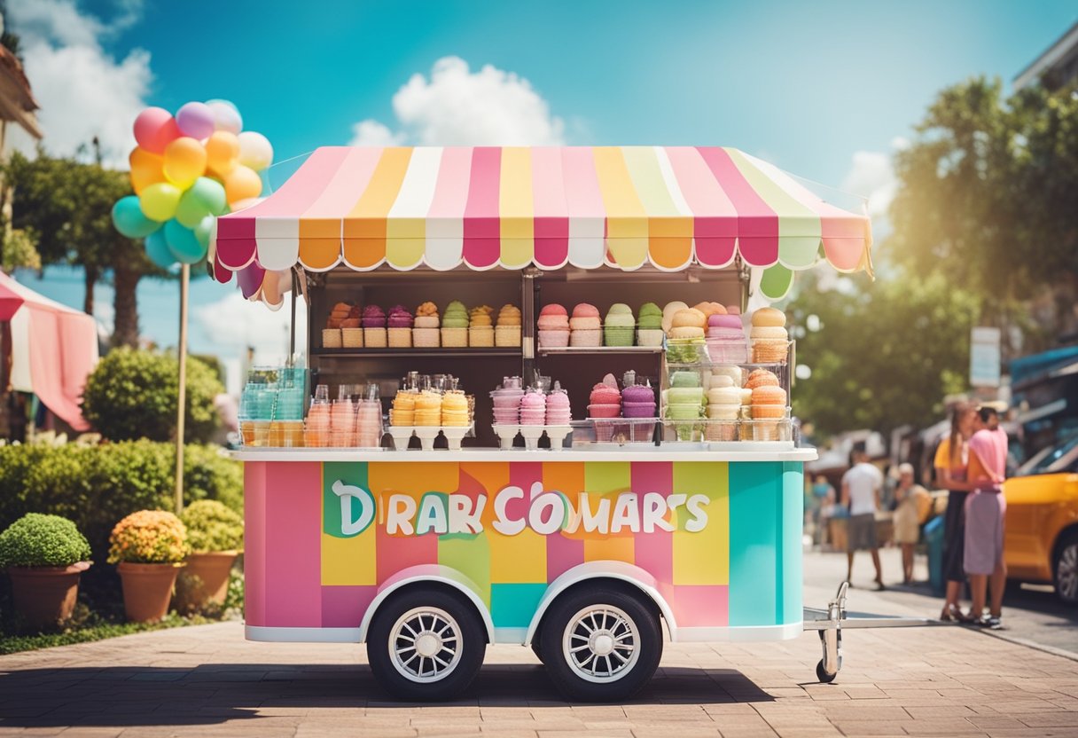 Um carrinho de sorvete colorido com uma variedade de sabores de sorvete sem laticínios, cercado por clientes felizes fazendo perguntas.