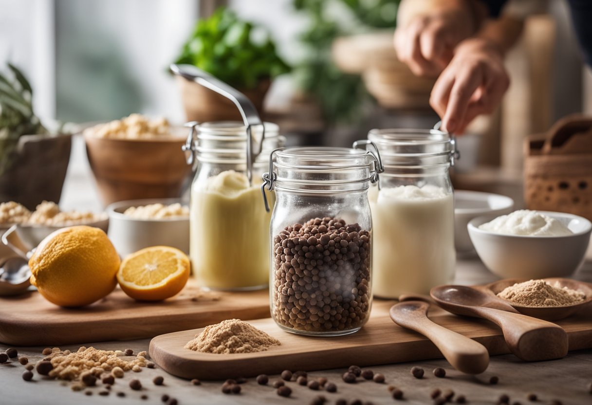 Uma bancada de cozinha colorida com ingredientes e utensílios para fazer sorvete caseiro sem lactose