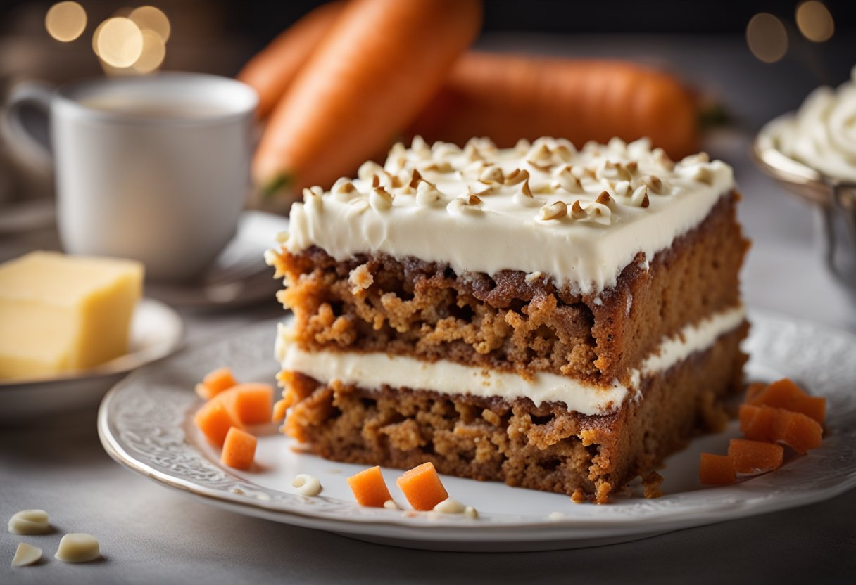 Um bolo de cenoura com cobertura sem lactose em um prato decorativo