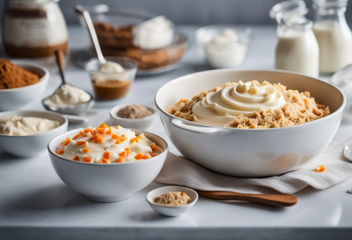 Uma tigela de mistura cheia de ingredientes para massa de bolo de cenoura sem laticínios, com uma tigela separada de cobertura sem lactose ao lado.