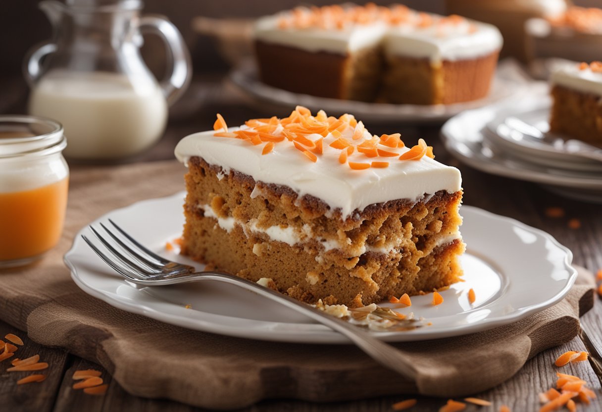 Um bolo de cenoura recém-assado está sobre uma mesa de madeira rústica, coberto com cobertura sem laticínios e cercado por lascas de cenoura espalhadas.