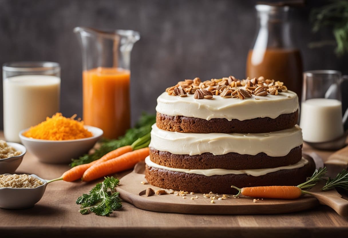 Uma bancada de cozinha colorida com ingredientes para um bolo de cenoura sem laticínios, incluindo cenouras, leite vegetal e cobertura sem laticínios.