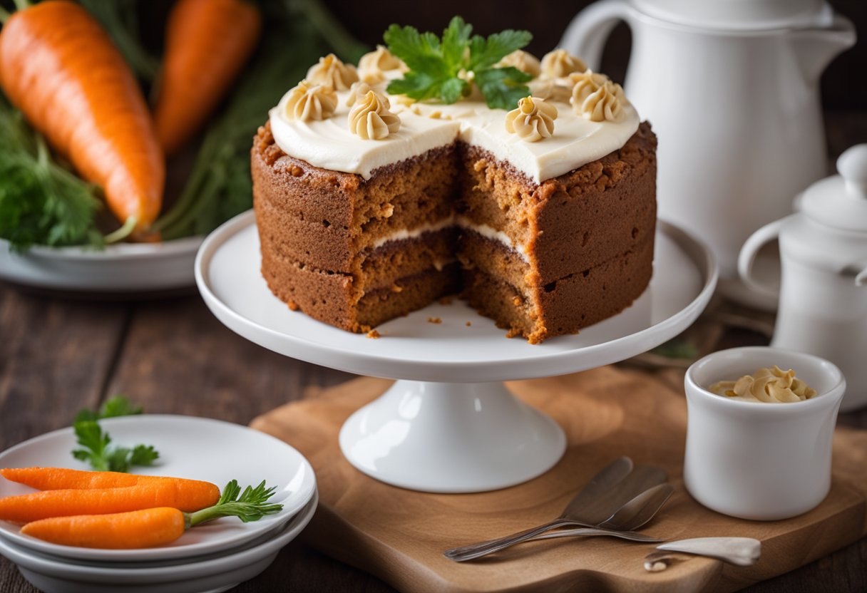 Um bolo de cenoura com cobertura sem laticínios, cercado por cenouras frescas e uma tigela de ingredientes sem laticínios