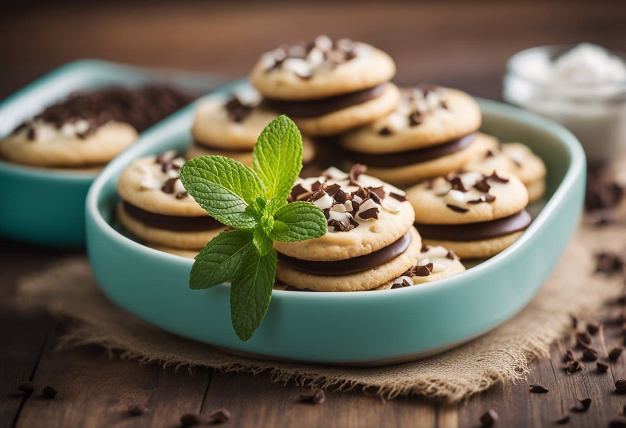 Um prato de vidro em camadas com biscoitos sem laticínios e um recheio cremoso, coberto com lascas de chocolate e servido com um raminho de hortelã