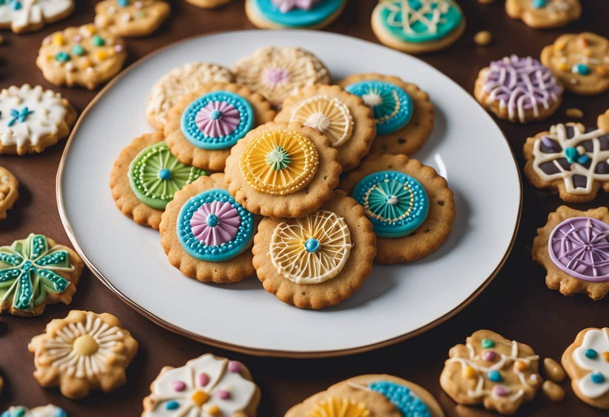 Uma exibição colorida de vários tipos de biscoitos sem lactose dispostos em um padrão decorativo em uma travessa.
