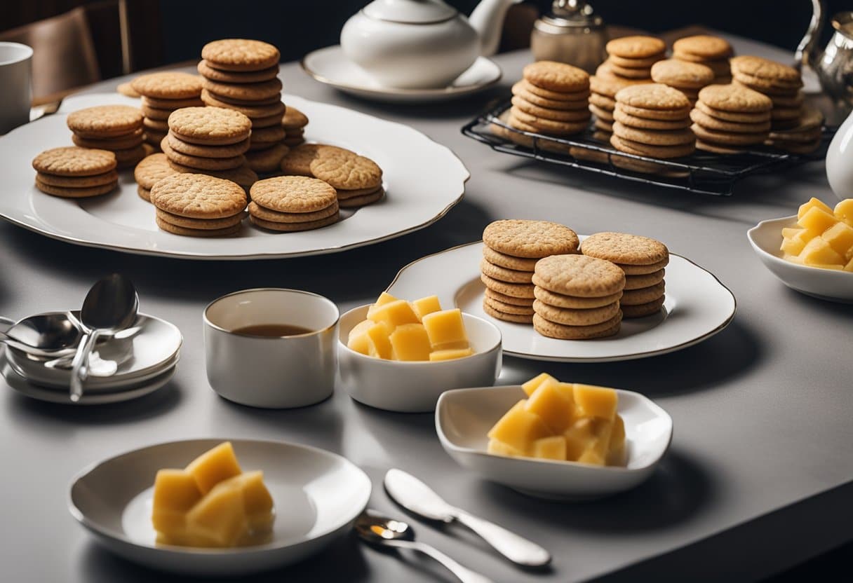 Uma mesa decorada com um pavê de biscoito sem laticínios, cercada por elegantes pratos e utensílios de servir.