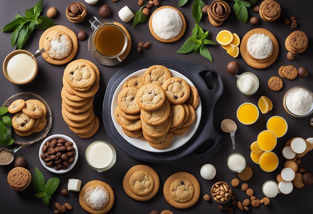 Uma variedade colorida de biscoitos sem laticínios dispostos em um prato decorativo, cercados por ingredientes frescos e utensílios de cozinha para fazer um pavé perfeito sem lactose.